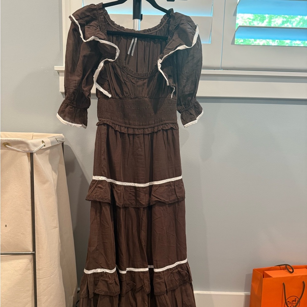 Anthropologie Brown Ruffled Gown with Puff Sleeves